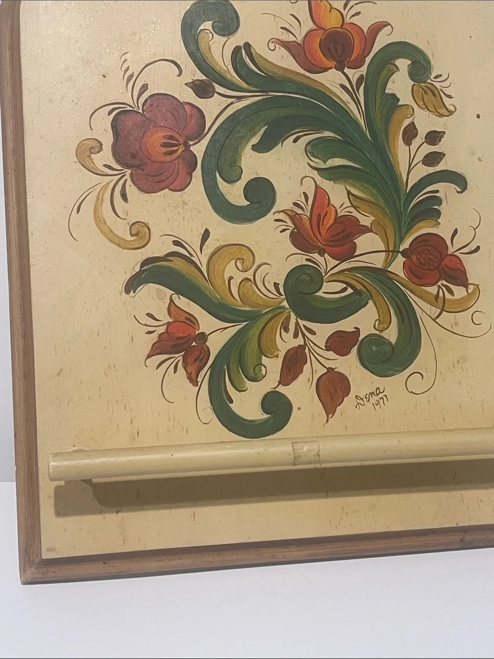 Vintage Hand-Painted Floral Wall Decor Green Red Dena 1977 Norwegian rosemaling